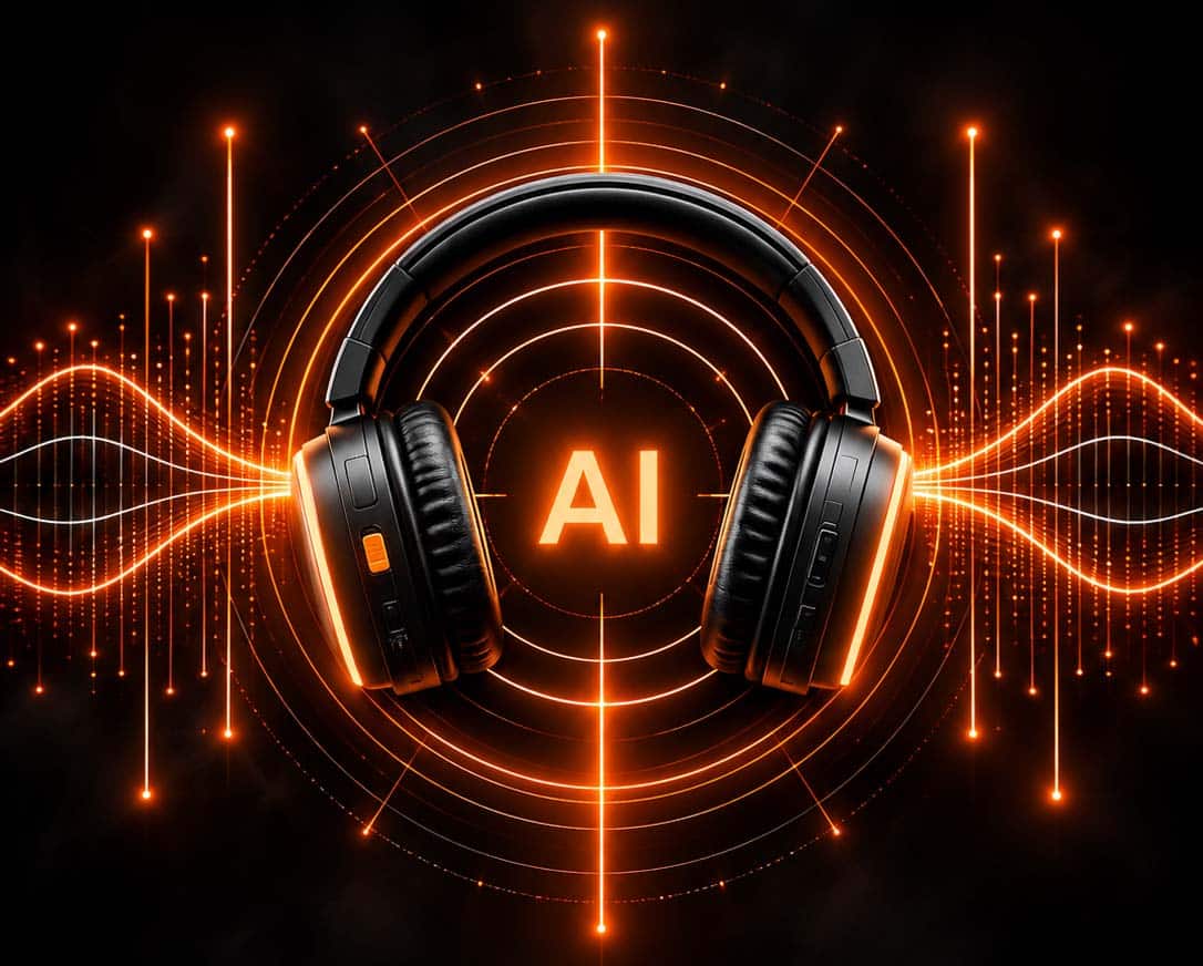 silentsystem.ai_.mobi_ Casque avec l'inscription AI entre des ondes sonores orange : l'assistant Silentsystem AI